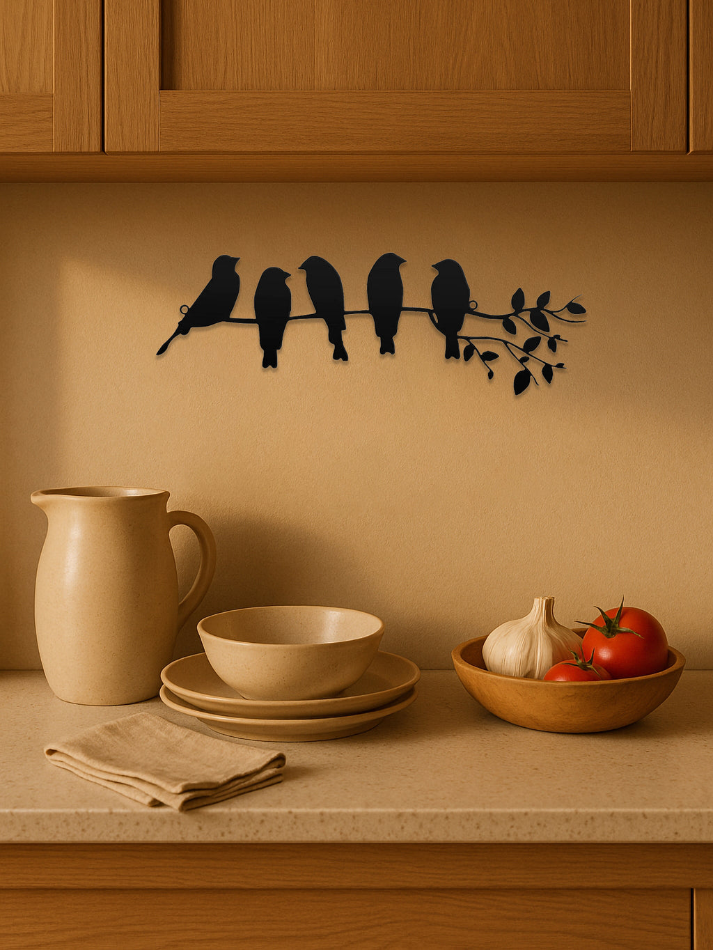 1PC Metal Bird Wall Art – Bird on Branch Wall Ornament with Leaves Sculpture