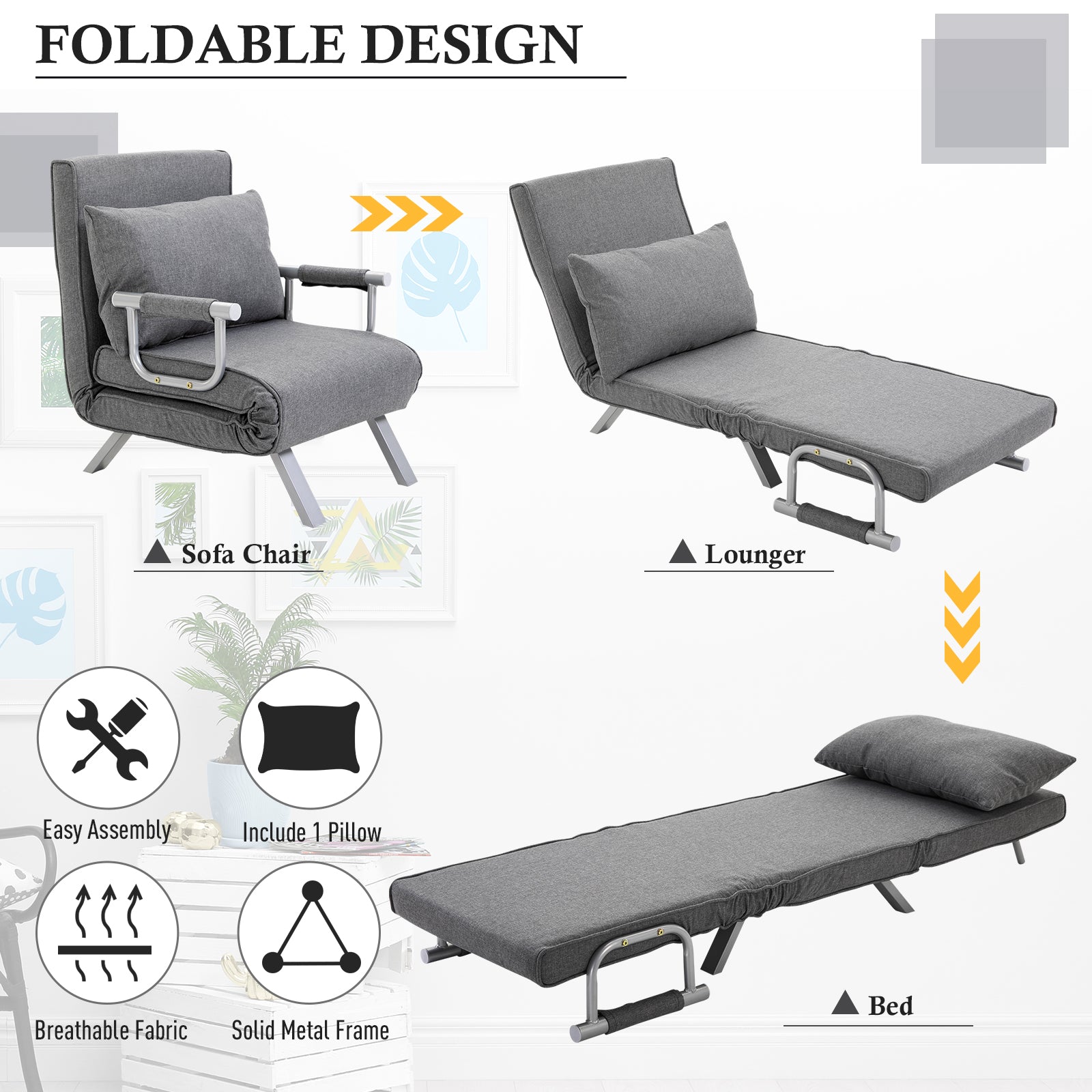 Single Person Folding 5-Position Convertible Sofa Bed Sleeper Chair – Light Grey