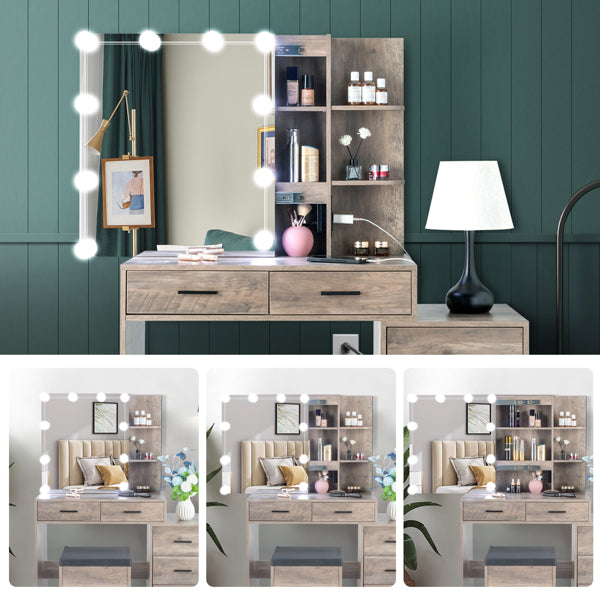 Modern LED Vanity Dressing Table with Mirror Cabinet, Stool & Charging Station – White