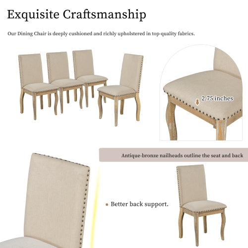 TREXM Set of 4 Upholstered Dining Chairs – Solid Wood Fabric Chairs with Nailhead Trim, Natural Wood Wash