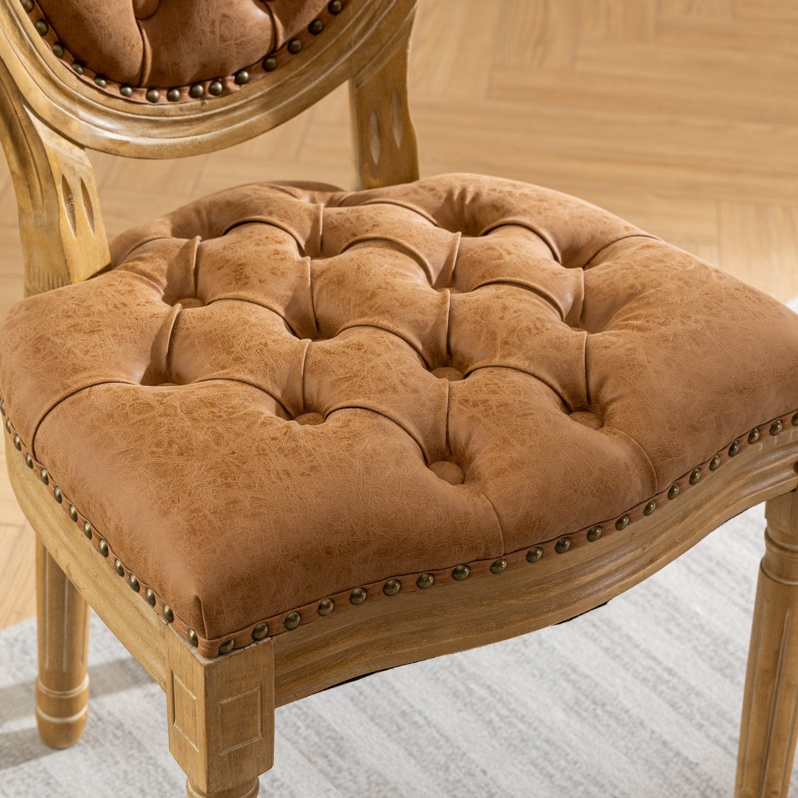 French Style Solid Wood Dining Chairs Set of 2 – Antique Design PU Leather Upholstered Chairs (Orange)