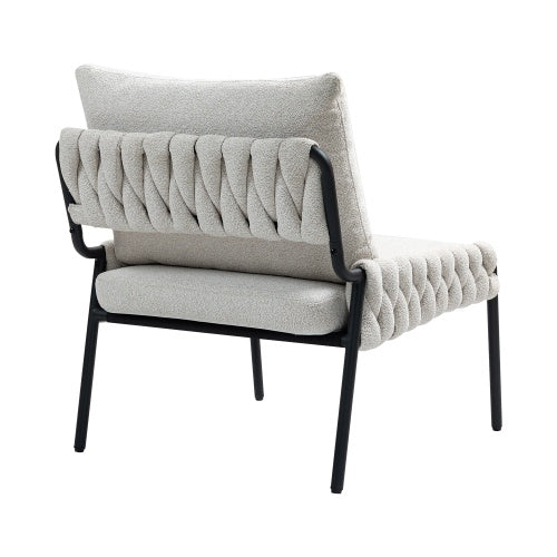 Modern Accent Lounge Chair – Braided Upholstery Armchair with Metal Frame (Beige)