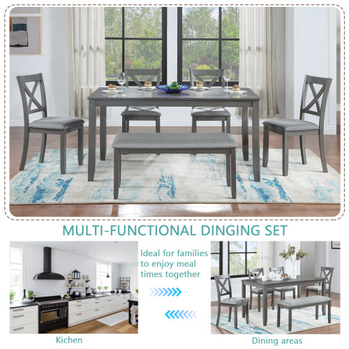 6-Piece Gray Kitchen Dining Set – Rectangular Wooden Table with 4 Upholstered Chairs & Bench