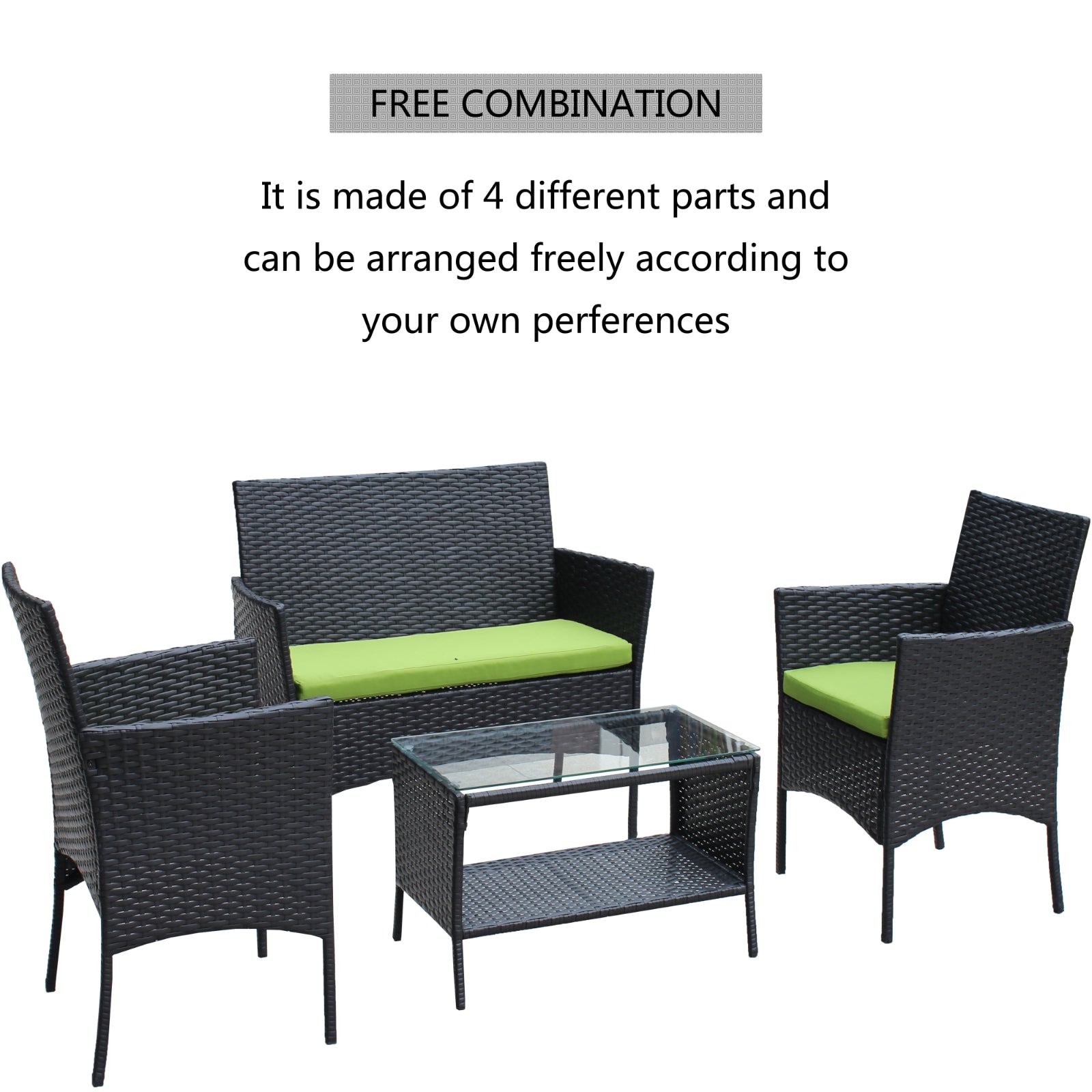 4-Piece Rattan Patio Furniture Set – Outdoor Wicker Sofa Set with Green Cushions