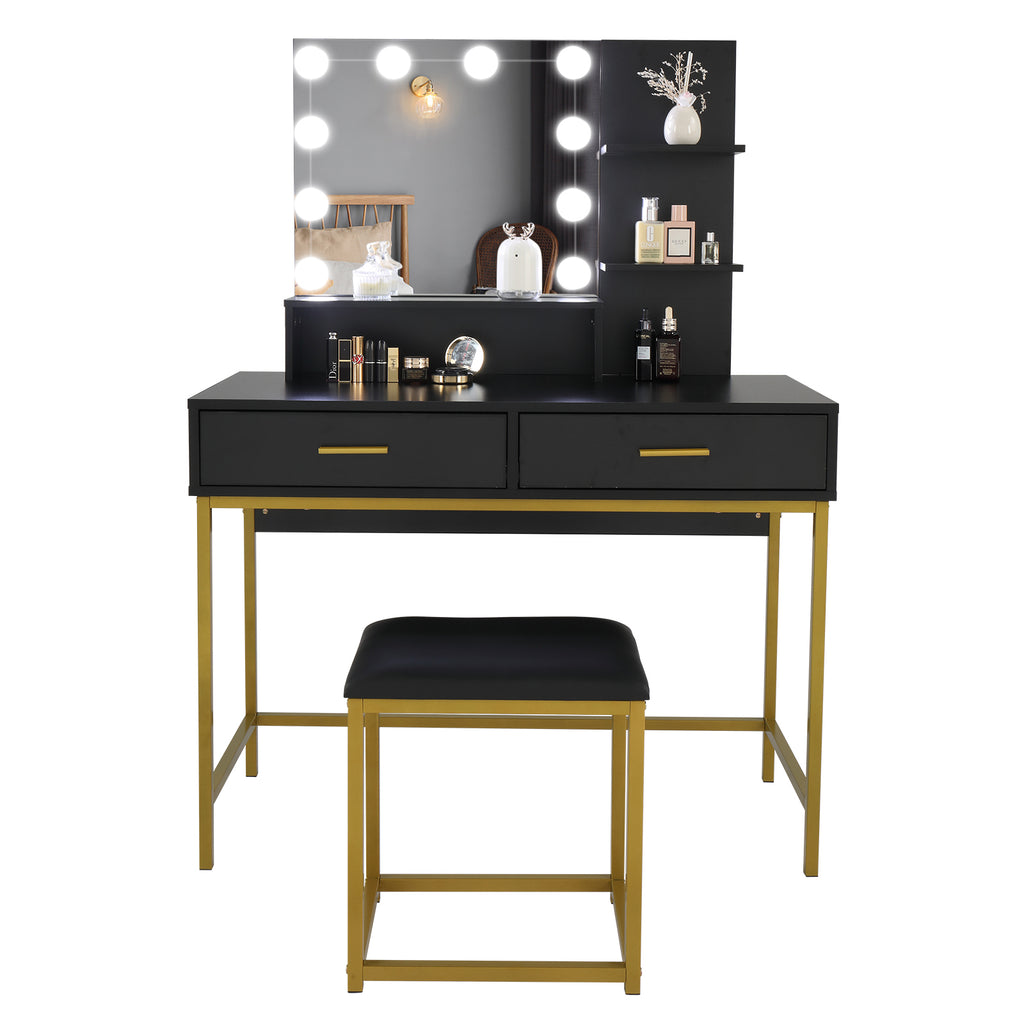 Modern Black Vanity Dressing Table Set with LED Lighted Mirror, Stool & Storage Drawers