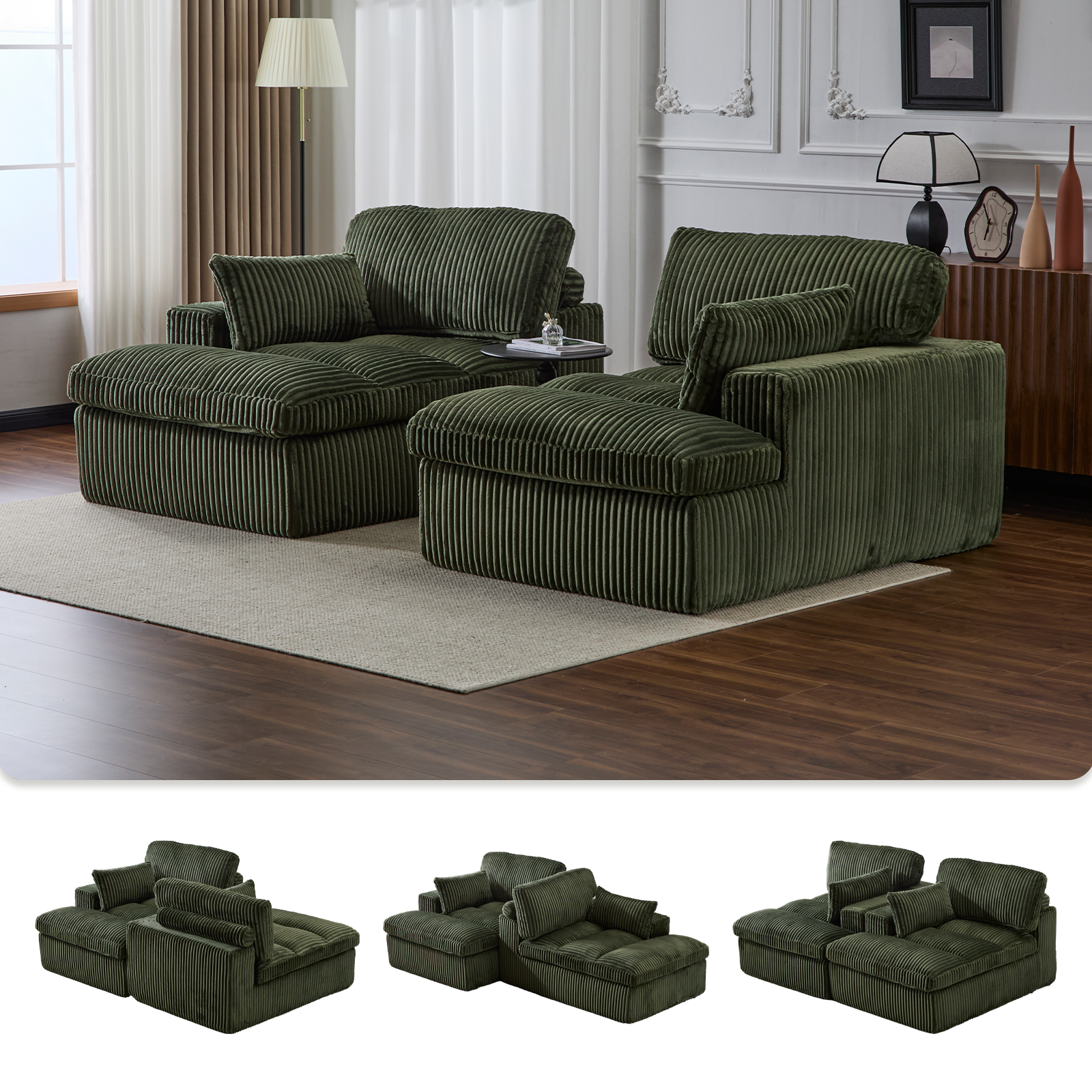 Double Chaise Lounge Sleeper Sofa – Oversized Corduroy Cloud Couch with Memory Foam, Green