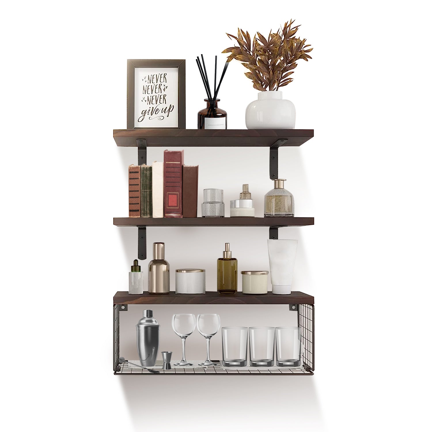 Rustic 2-in-1 Floating Shelves with Storage Basket – Wooden Wall Shelves Organizer