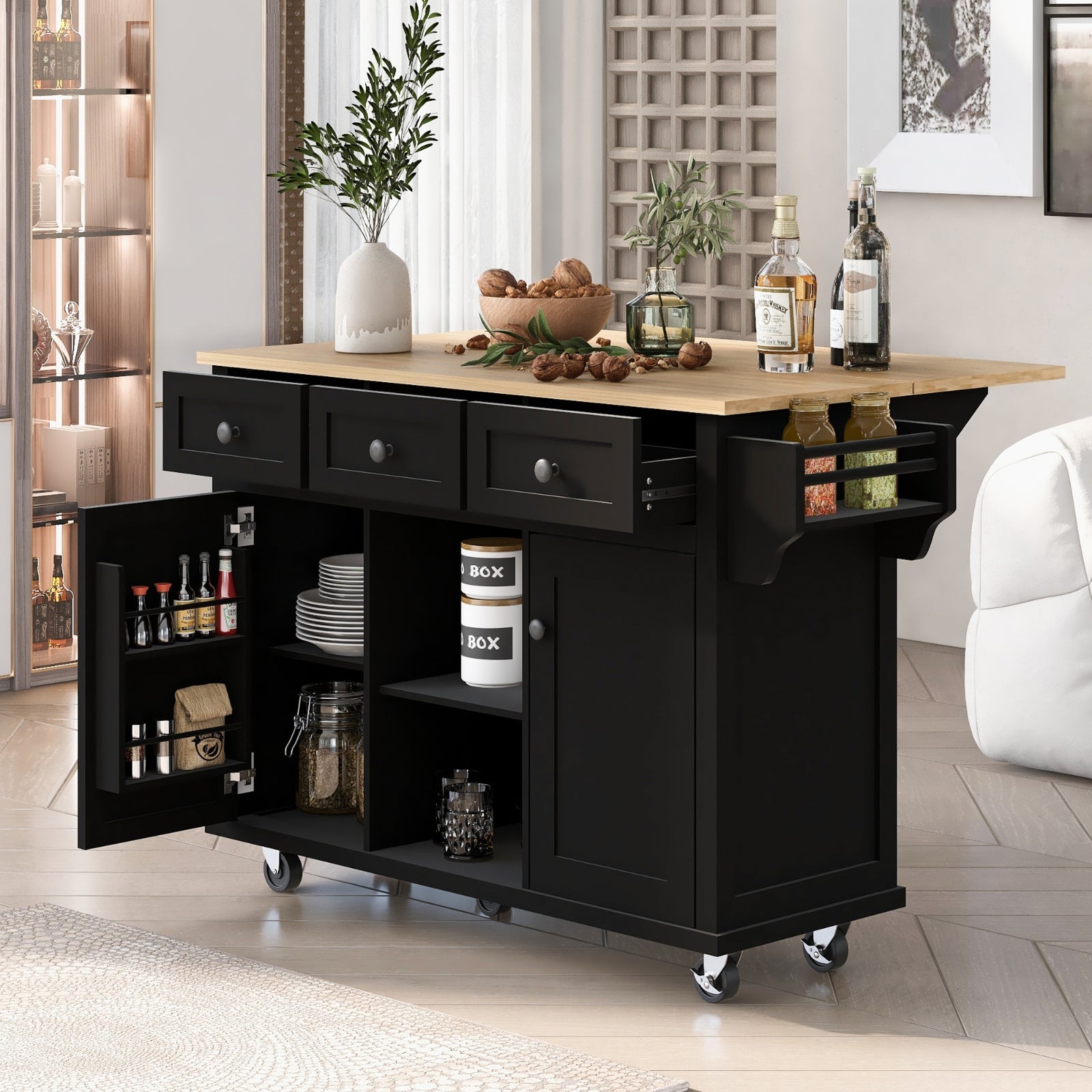 Kitchen Cart with Rubberwood Drop-Leaf Countertop & Storage Cabinet – Rolling Kitchen Island on Wheels, Black