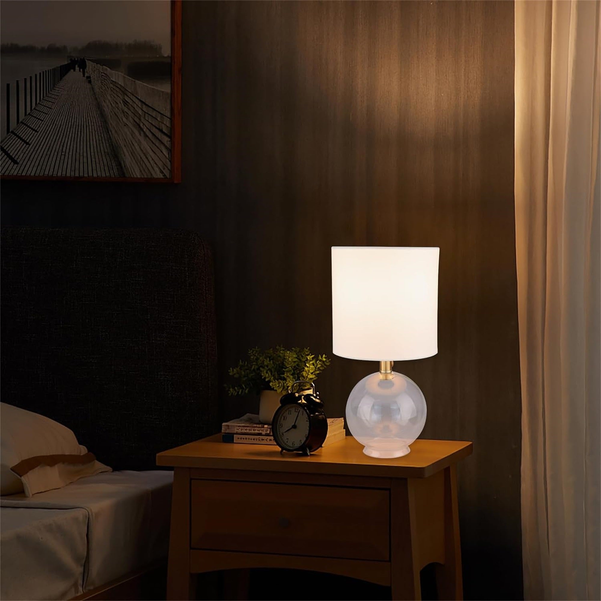 Small Glass Table Lamp for Bedroom – Minimalist Bedside Nightstand Desk Lamp with Fabric Shade