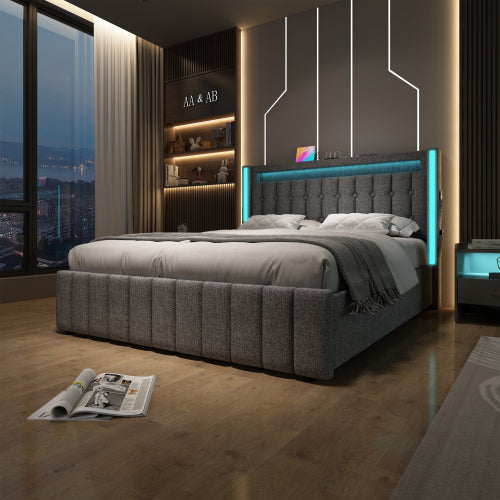 Modern Linen Storage Bed with USB Charging, LED Lighting & 4 Drawers – 160x200cm Double Bed with Mattress
