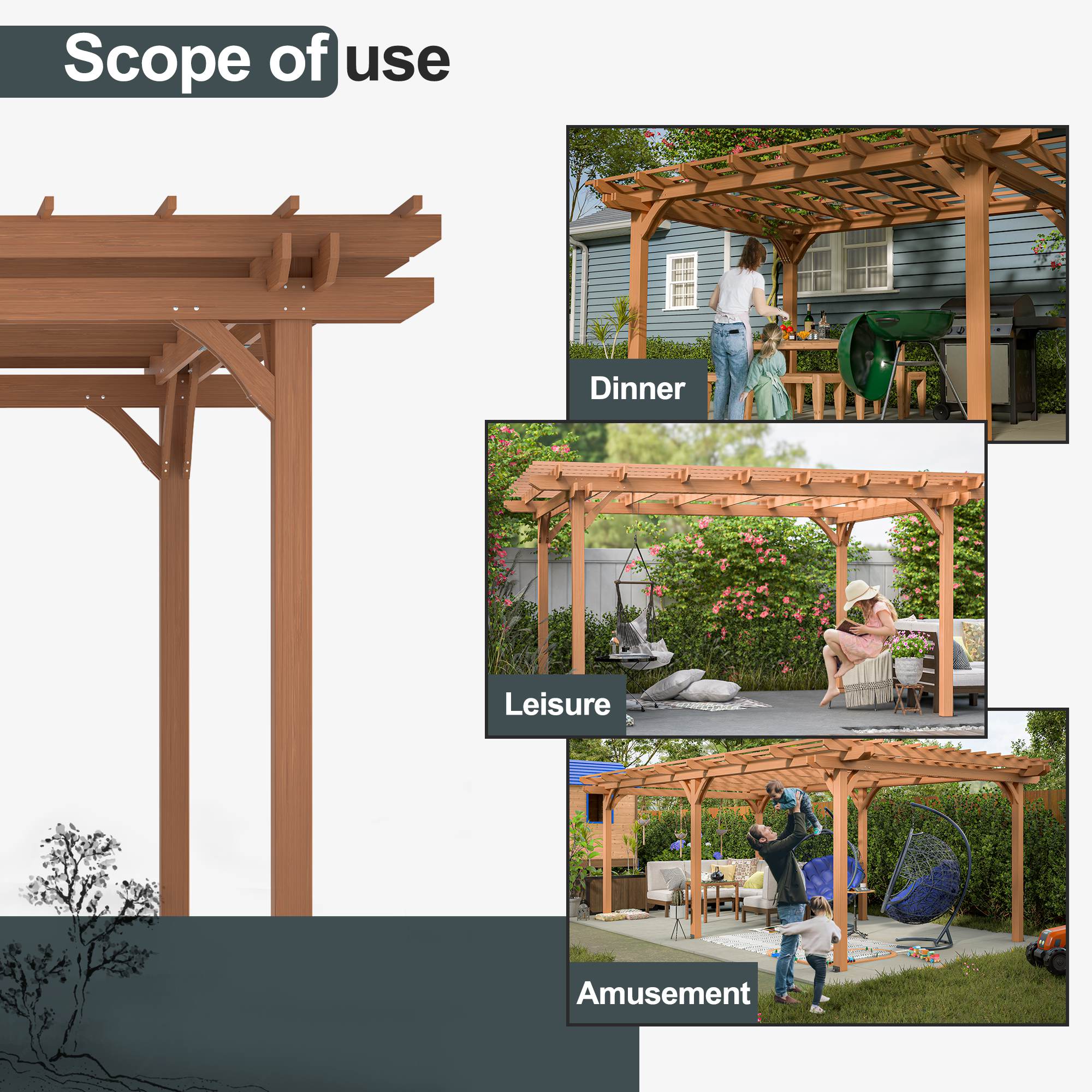 Outdoor Wooden Pergola Gazebo – Patio & Garden Pergola for Climbing Plants (Brown)