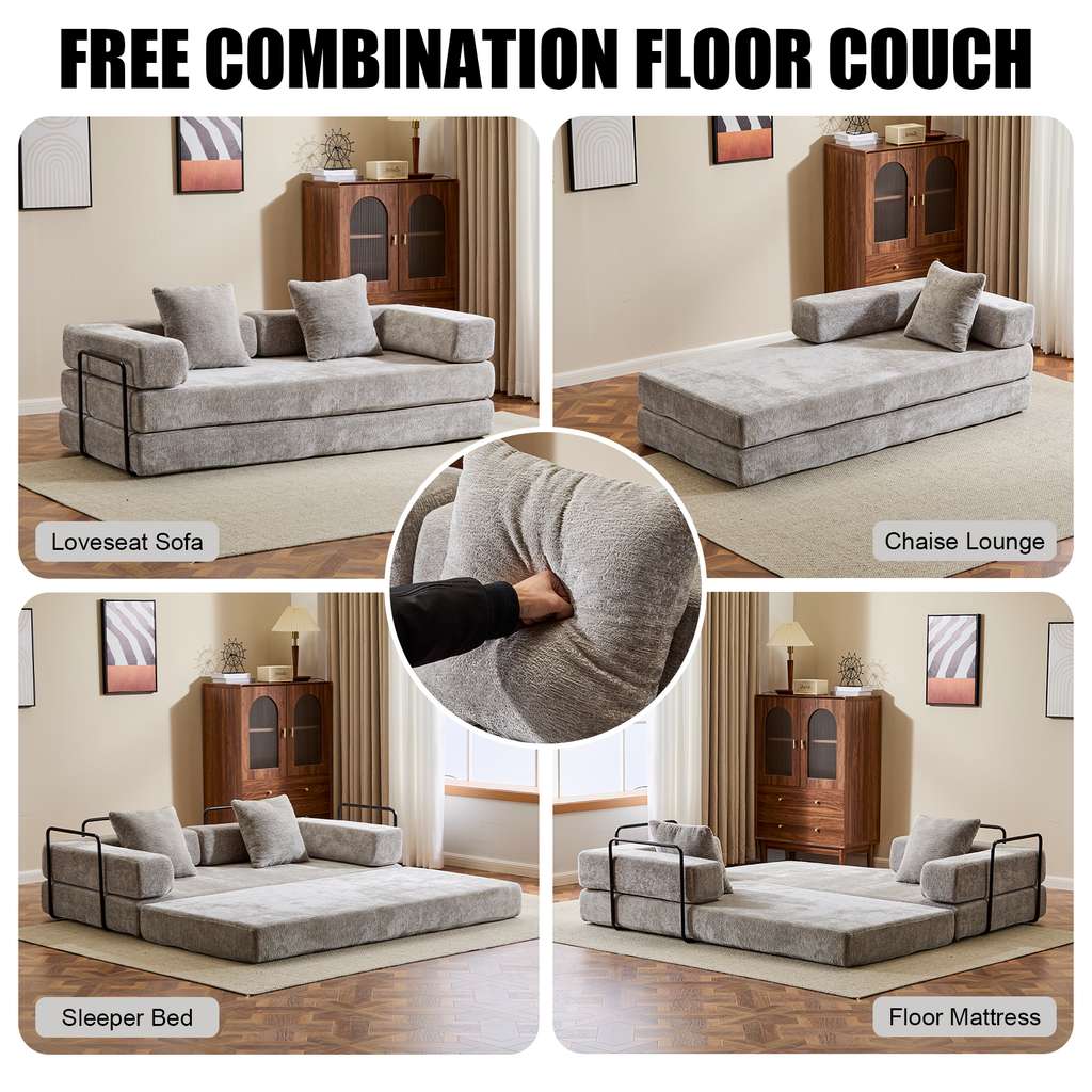 Convertible Floor Couch Sofa Bed – 3-Seat Chenille Compression Futon with Memory Foam (Light Grey)