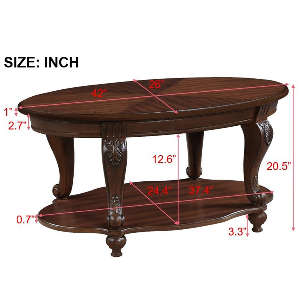 42” Oval Solid Wood Coffee Table with Storage Shelf – Classic American Living Room Table