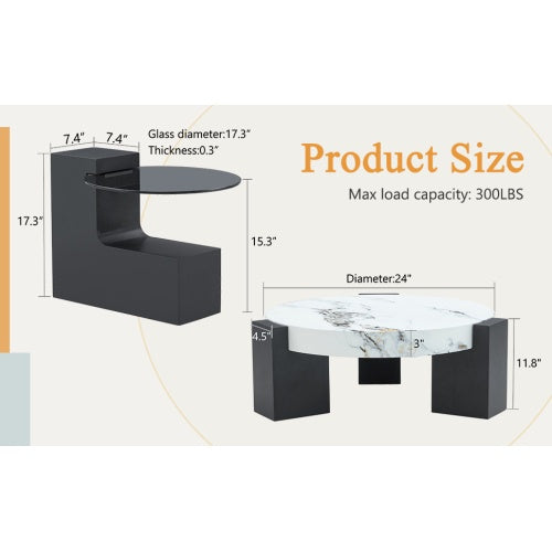 Modern Double-Layer Round Coffee Table – Transparent Gray Glass Top with Black MDF L-Shaped Legs