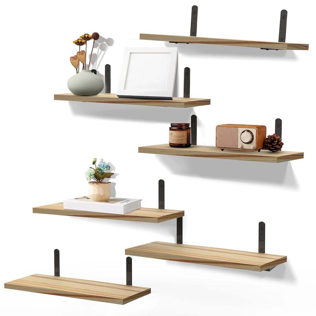 6 Sets Floating Wall Shelves – Wood Storage Display with Metal Brackets