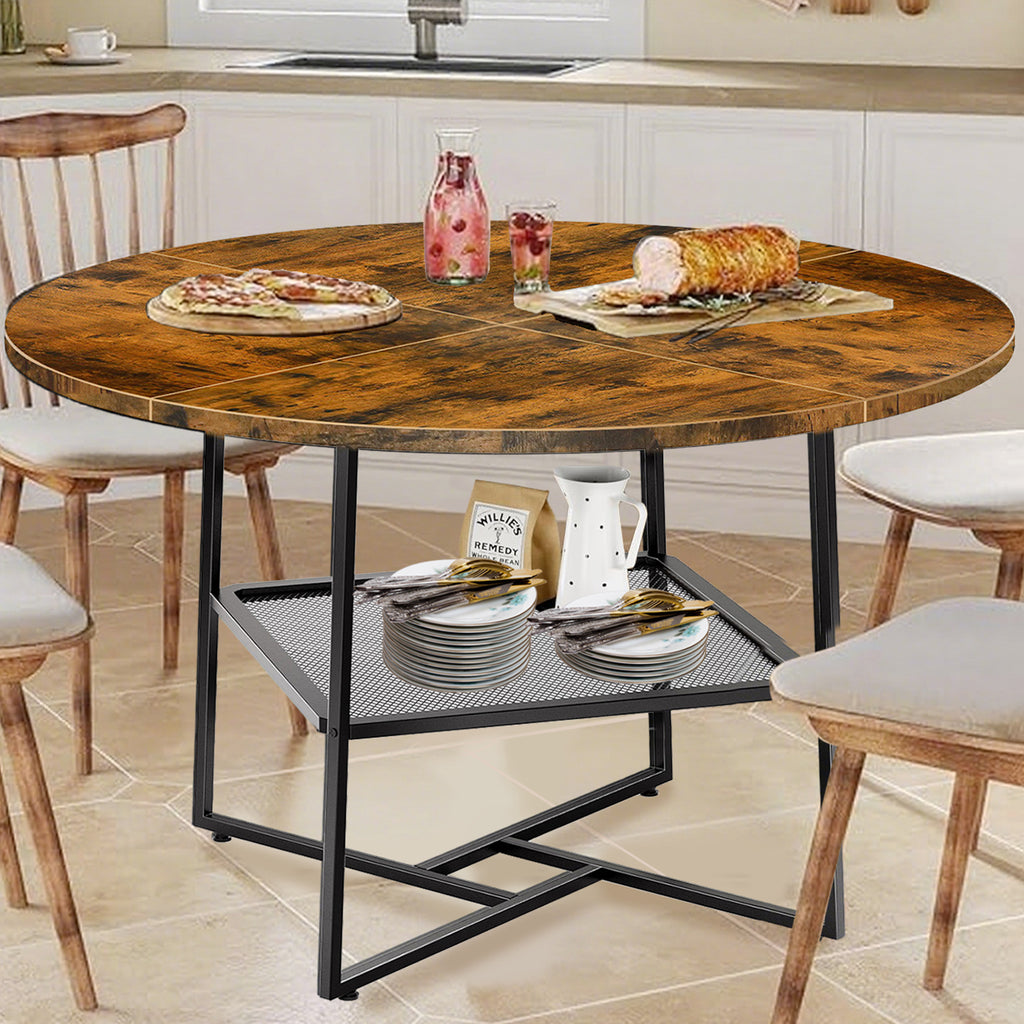 51-Inch Round Dining Table for 4-6 – Tiger Stripes Black Wooden Table with Metal Legs and Storage Shelf
