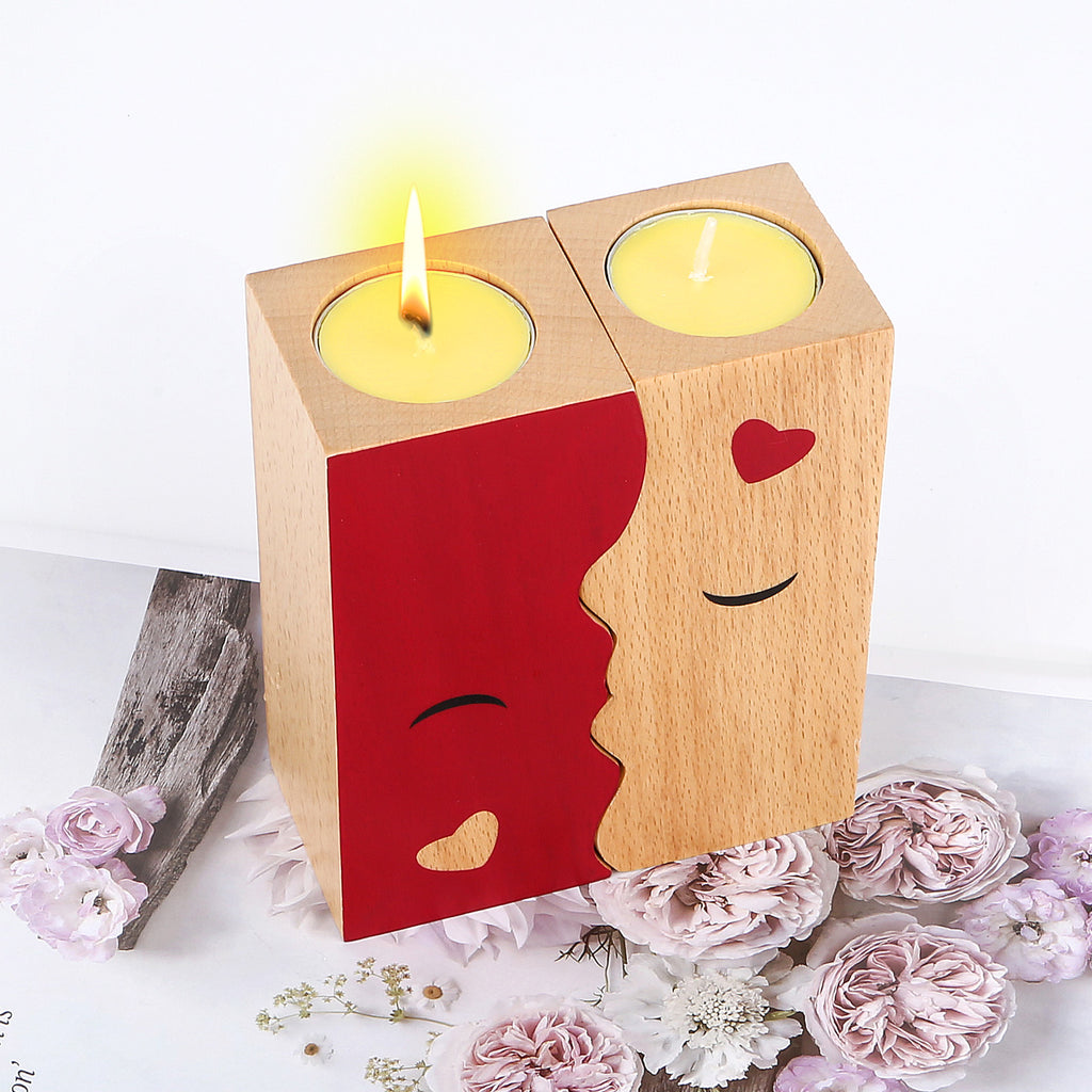 Valentine Special Kissing Candle Holder Set – Romantic Wooden Candle Holders for Couples & Best Friends