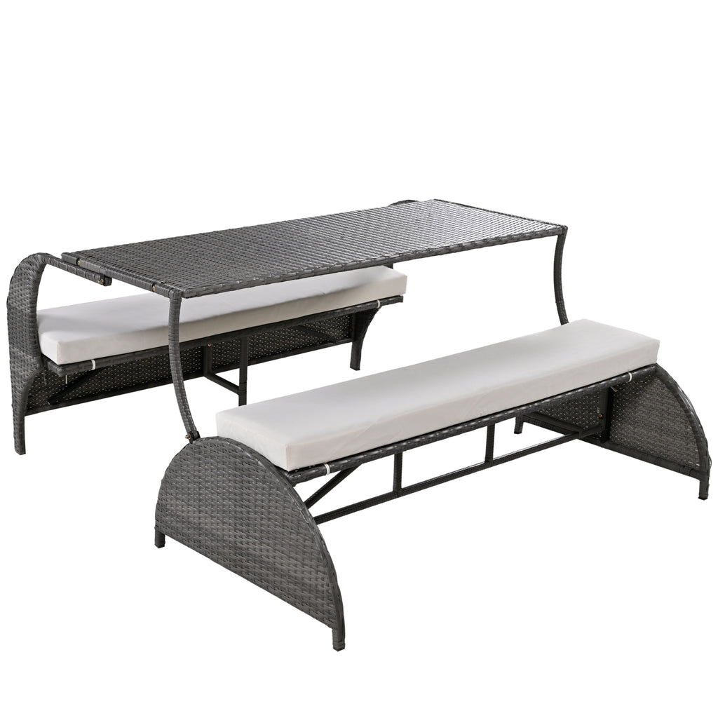 U-Style Outdoor Loveseat Convertible to 4 Seats with Table – HDPE Patio Furniture Set (Beige)