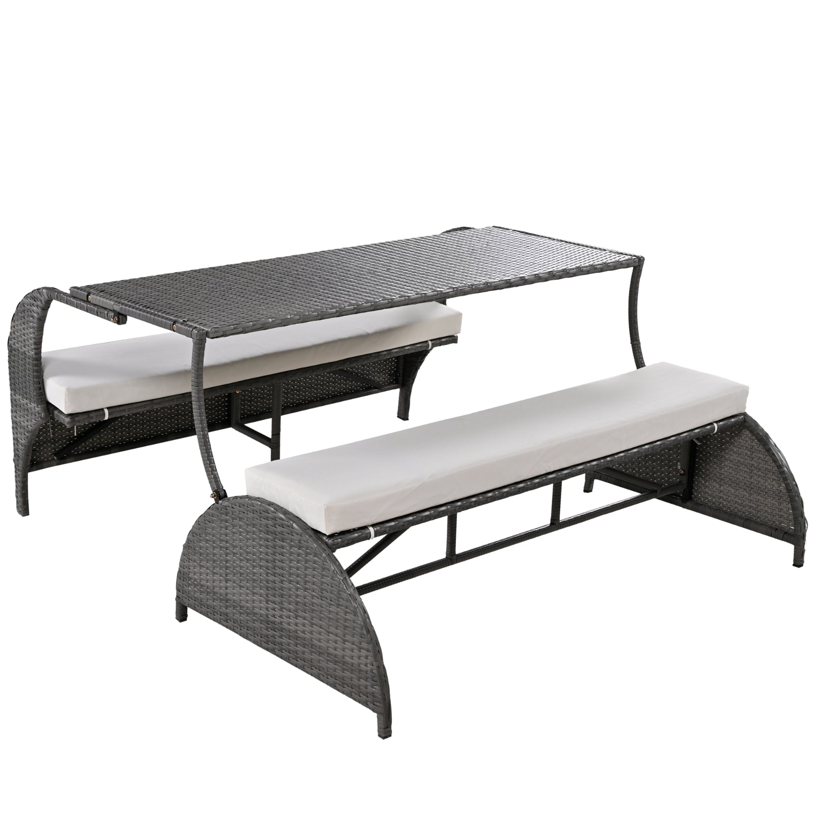 U-Style Outdoor Loveseat Convertible to 4 Seats with Table – HDPE Patio Furniture Set (Beige)