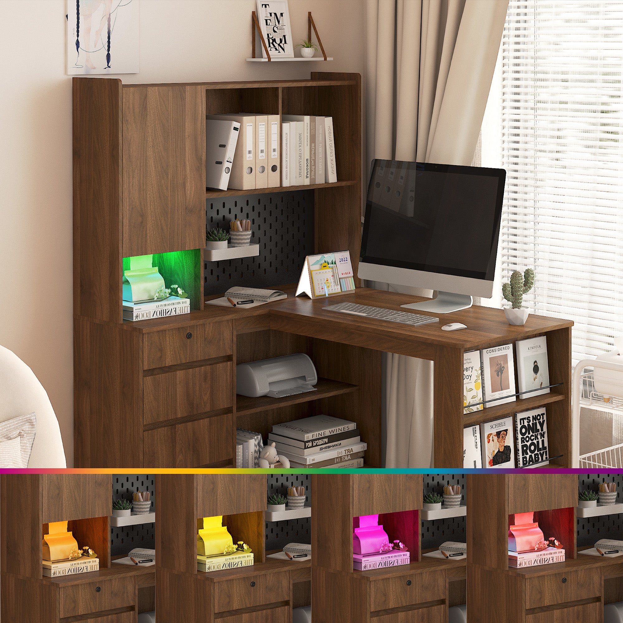 L-Shaped Computer Desk with Drawers, Bookshelf & LED Light – Modern Corner Home Office Desk with Charging Station