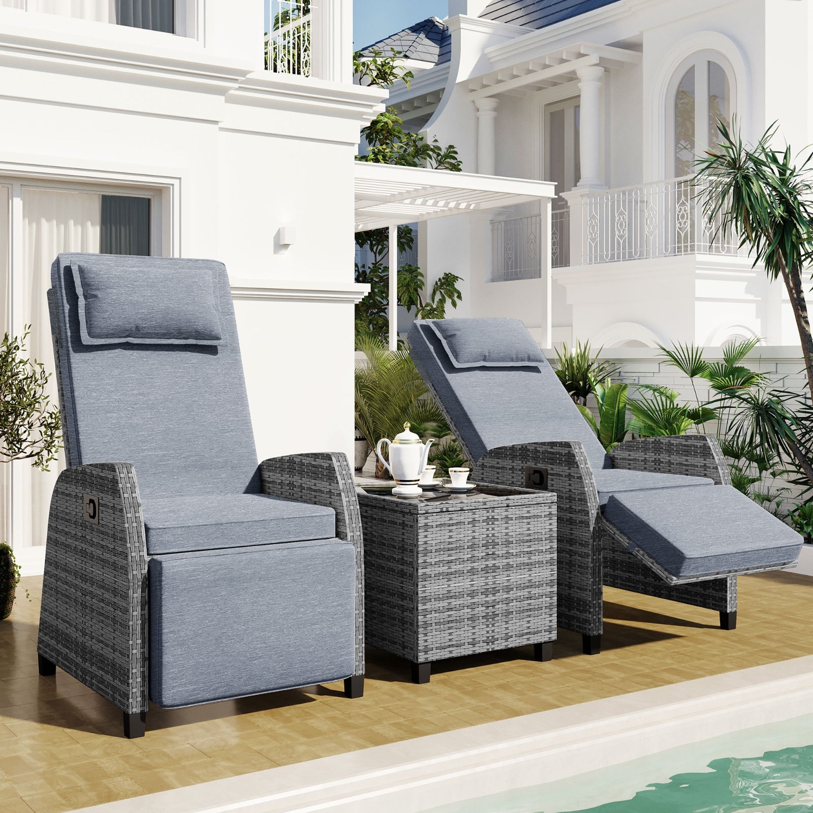 U-Style Outdoor Rattan 2-Person Set with Coffee Table – Adjustable Patio Seating for Courtyard, Balcony & Poolside