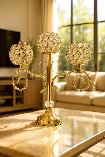 Crystal 3-Head Candle Holder – Elegant Gold Table Centerpiece with Diamond Globe Design