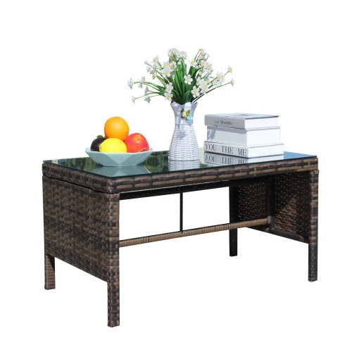 Outdoor Patio Coffee Table with Clear Tempered Glass – Rattan Wicker Table for Garden & Balcony (Brown)