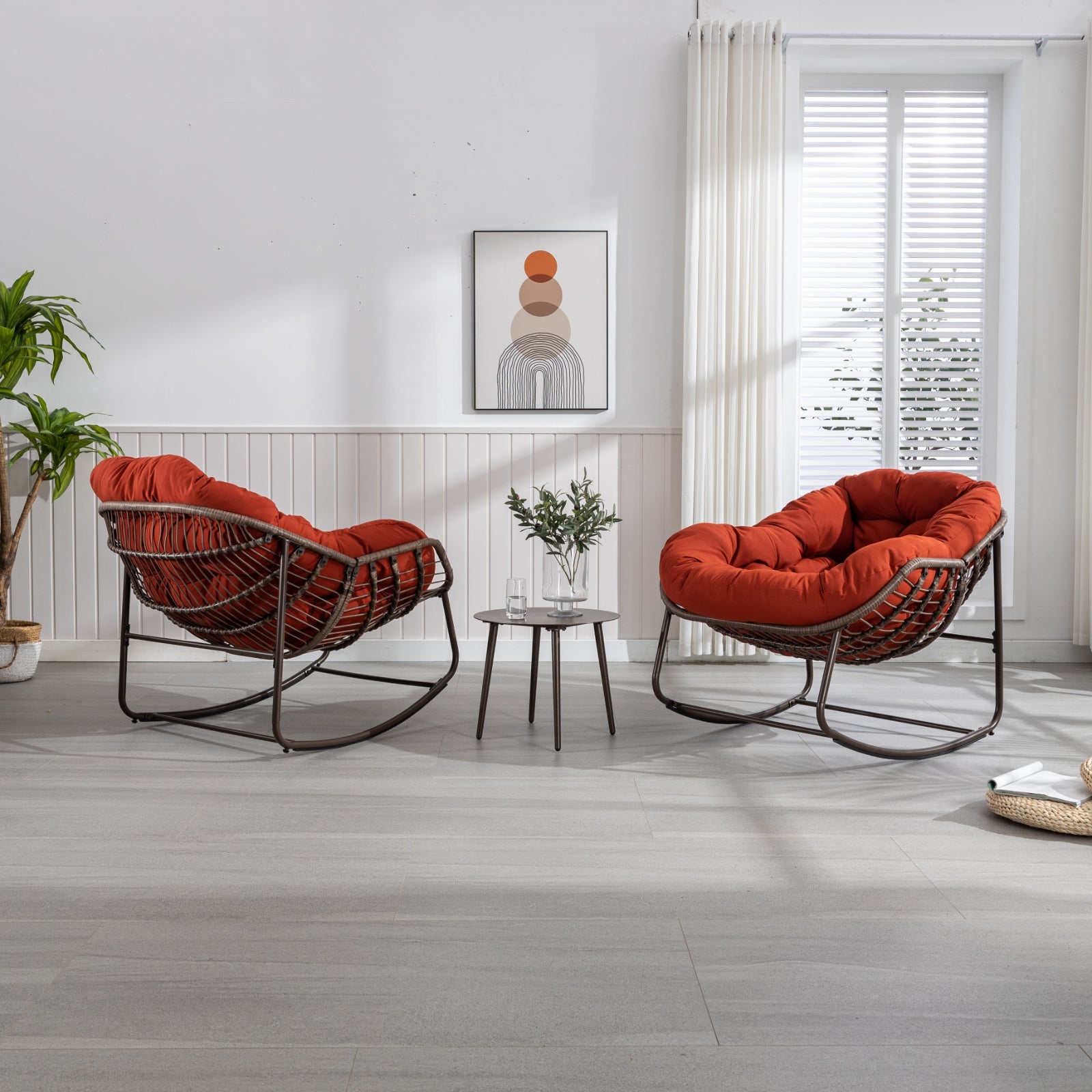 Outdoor Rattan Rocking Chair with Padded Cushion – Oversized Rocker Recliner for Patio, Porch & Garden (Orange)