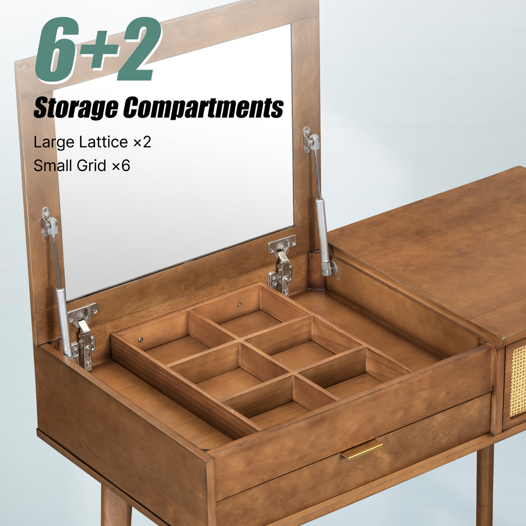 Classic Wood Makeup Vanity Set with Flip-Top Mirror & Stool – Brown Dressing Table with Drawers