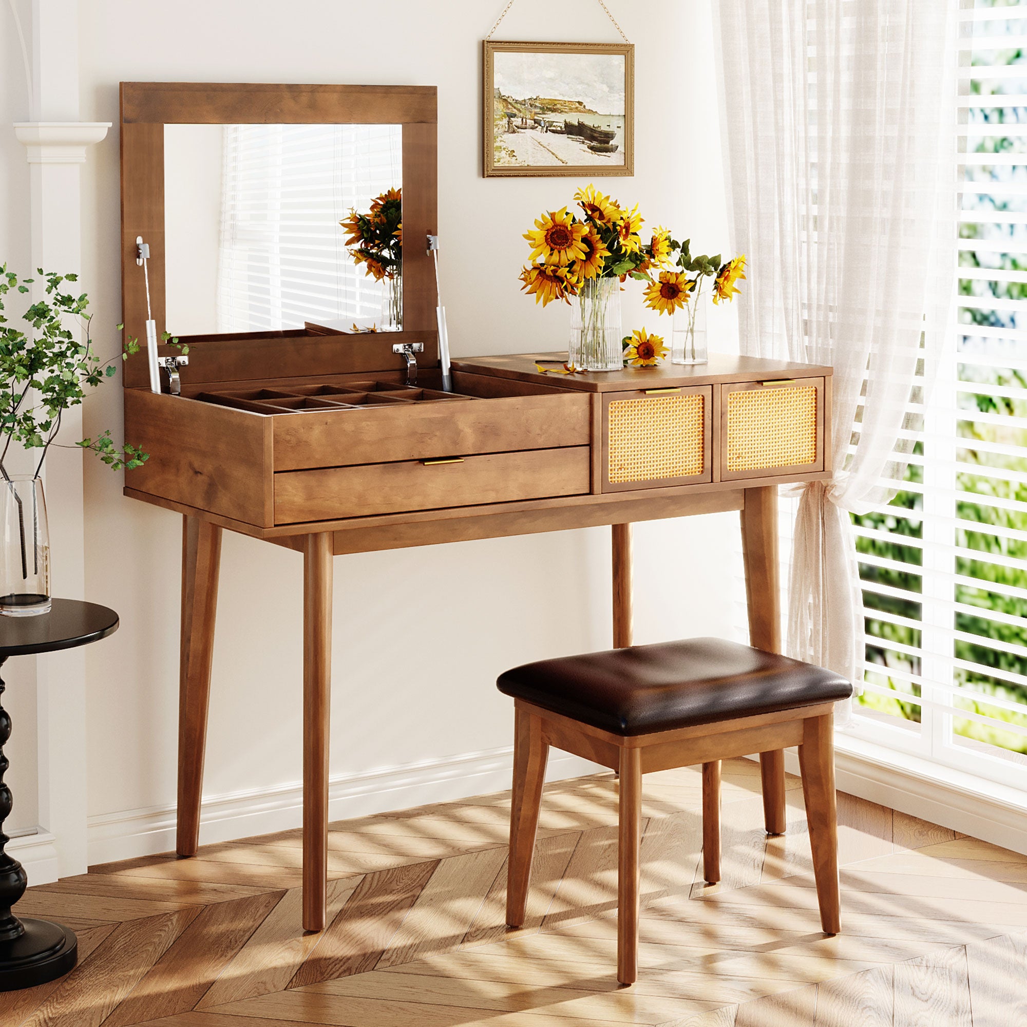 43.3" Classic Wood Makeup Vanity Set with Flip-Top Mirror & Stool – Brown Dressing Table with Drawers