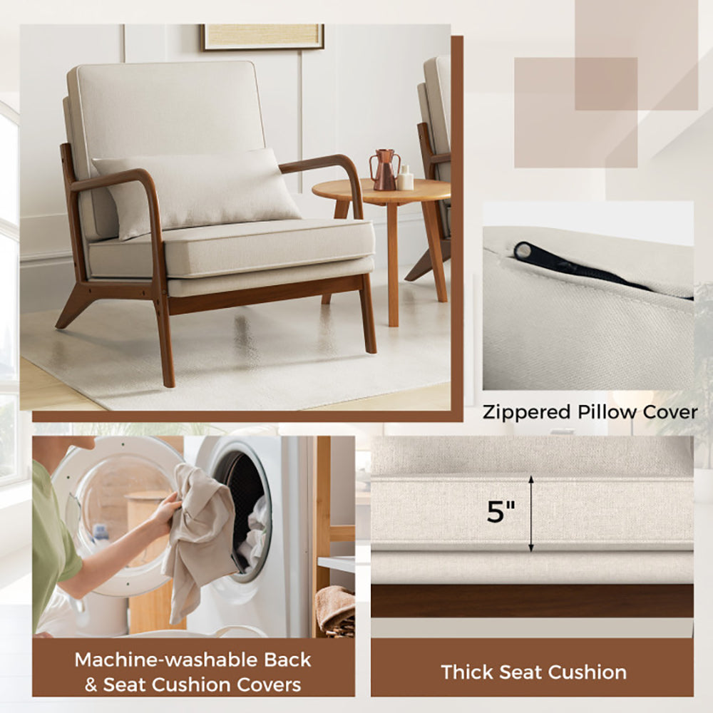 Modern Accent Chair with Rubber Wood Armrests & Removable Cushions