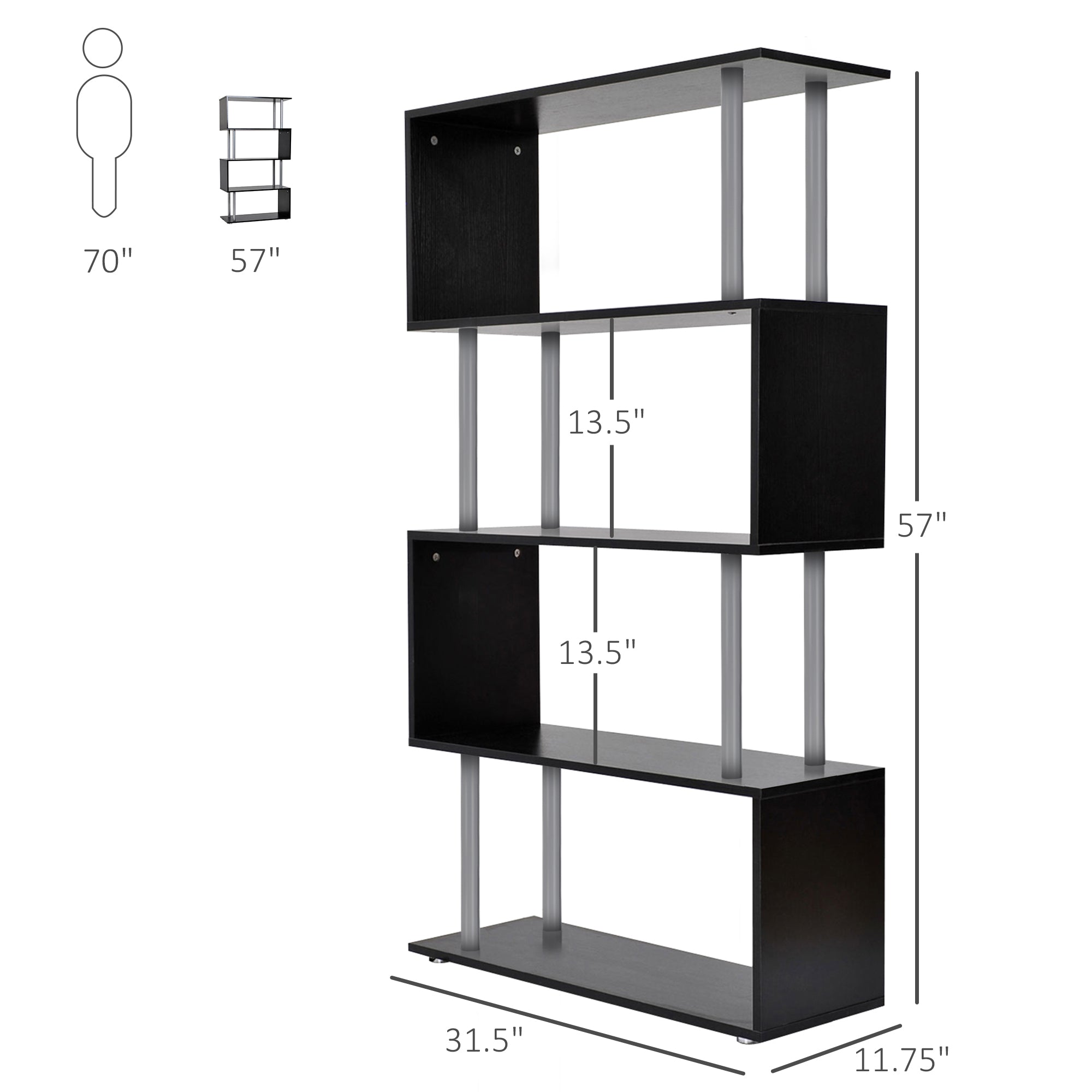 5-Tier S-Shaped Bookcase – Modern Wooden Storage Shelf for Home & Office (Black)