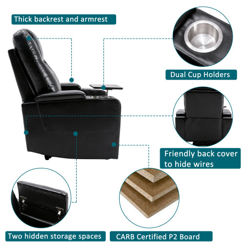Electric Recliner Chair with USB, LED Ambient Lighting & 360° Swivel Tray – PU Leather Gaming & Home Theater Recliner (Black)