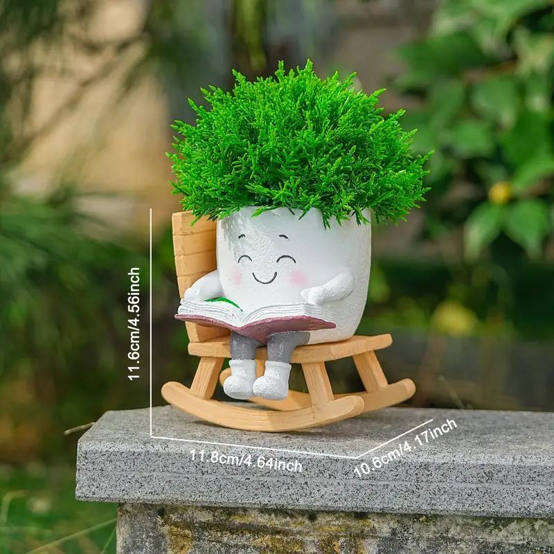2-Piece Cute Character Reading Rocking Chair Resin Flower Pots – Indoor & Outdoor Decorative Planters