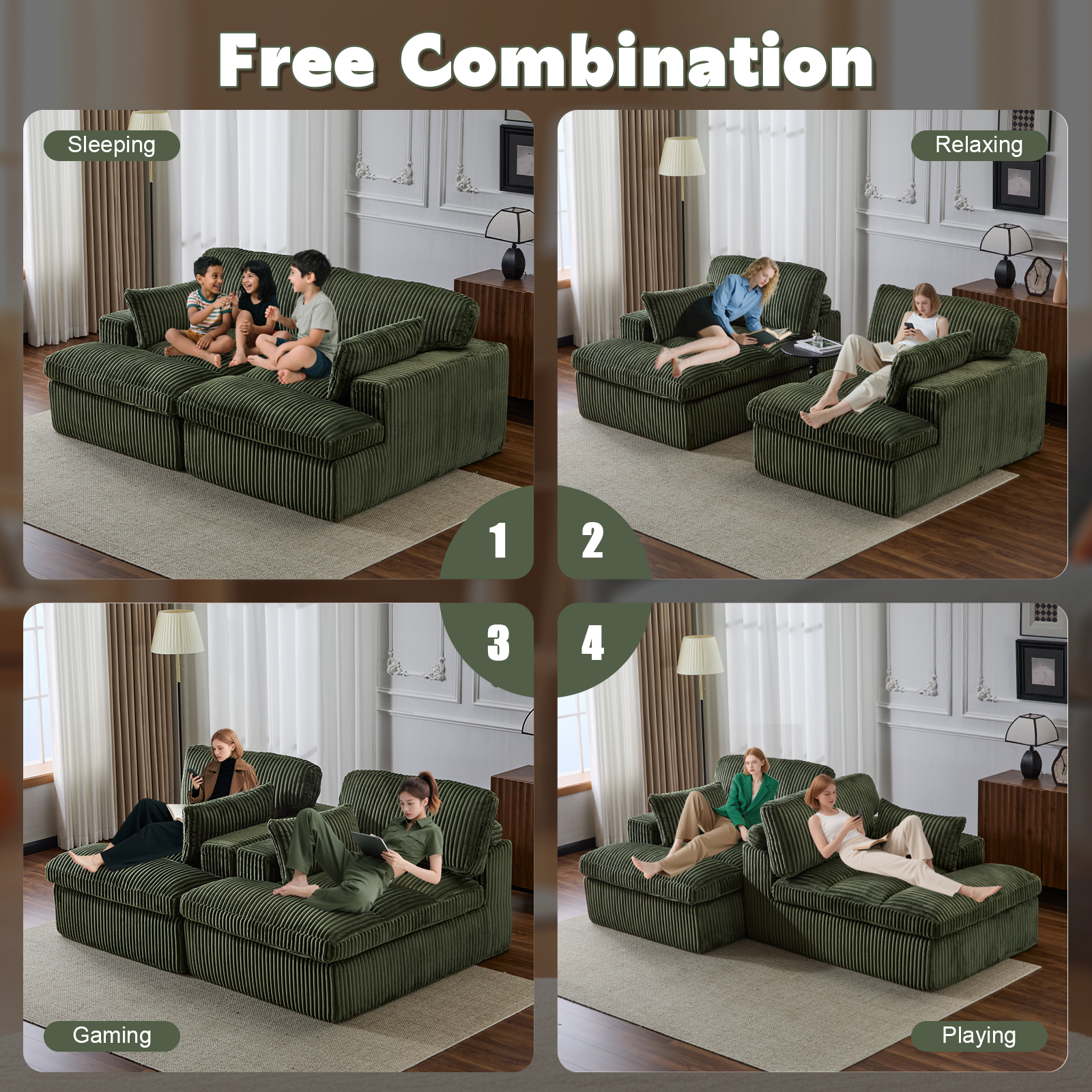 Double Chaise Lounge Sleeper Sofa – Oversized Corduroy Cloud Couch with Memory Foam, Green