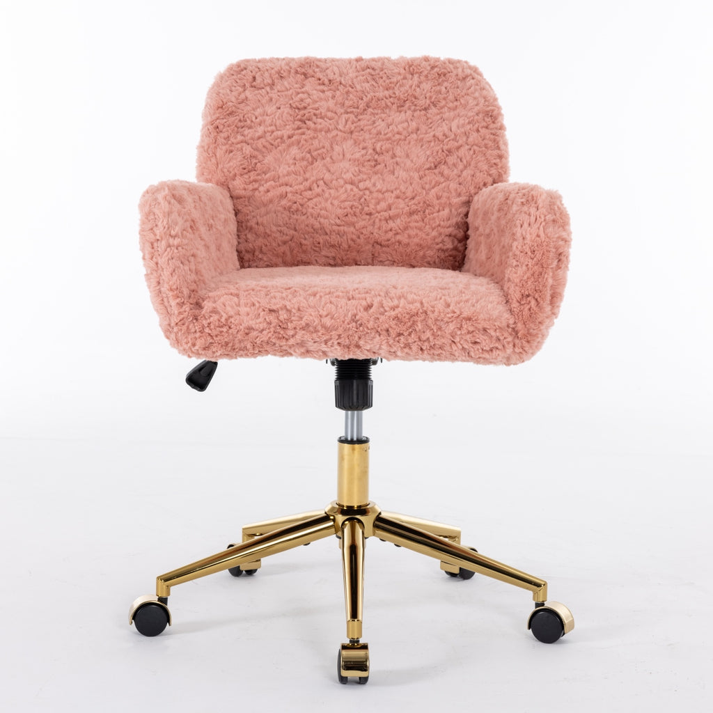 A&A Furniture Pink Office Chair – Faux Rabbit Fur Adjustable Swivel Desk & Vanity Chair with Gold Metal Base
