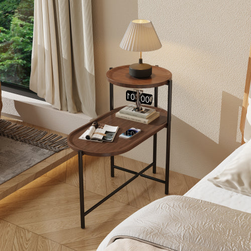 Small 2-Tier Modern Coffee Table – Walnut Brown Sofa Side Table with Wood Storage Shelf