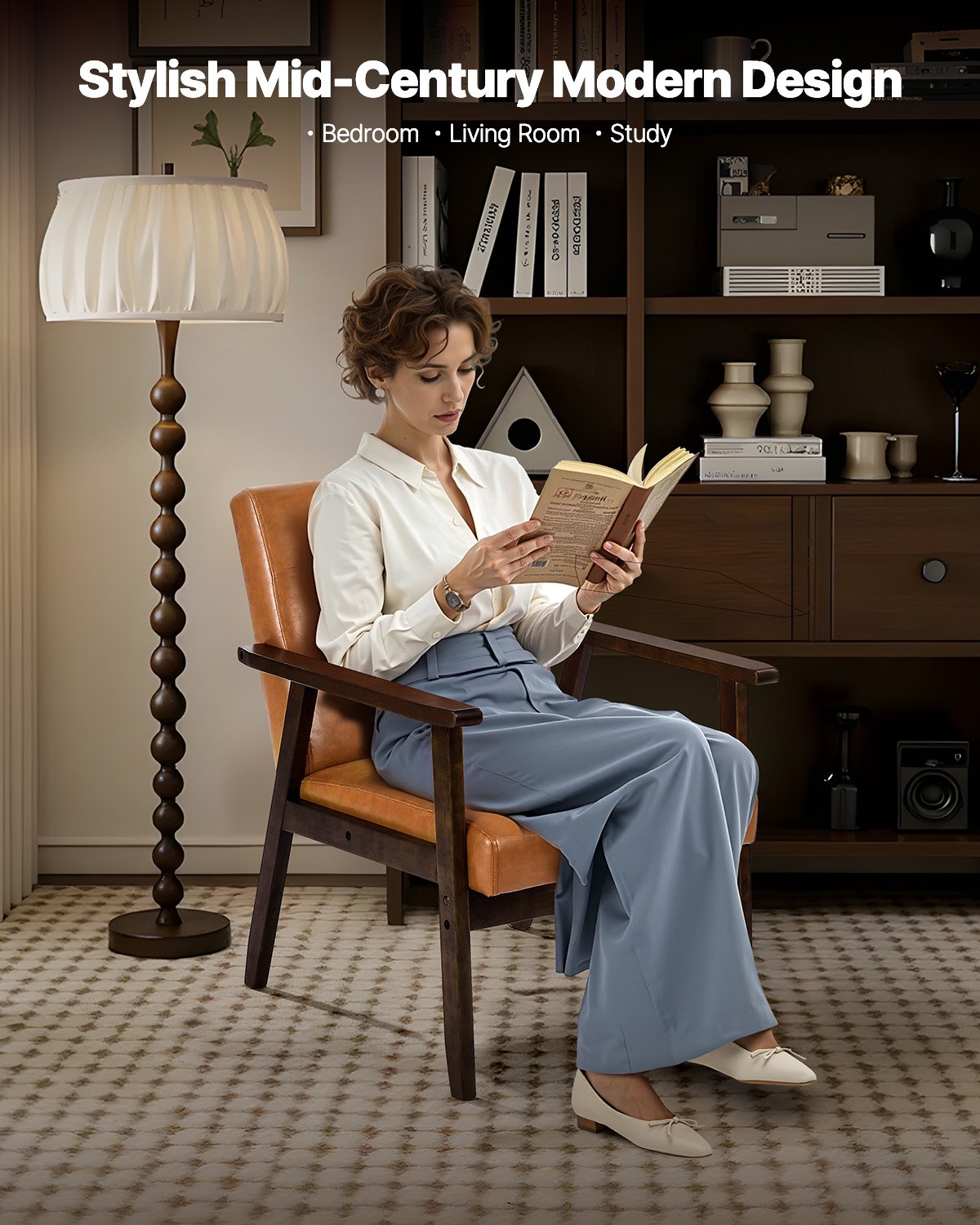 Mid-Century Modern Accent Chair – Upholstered Armchair with Solid Wood Frame & PU Leather Cushion