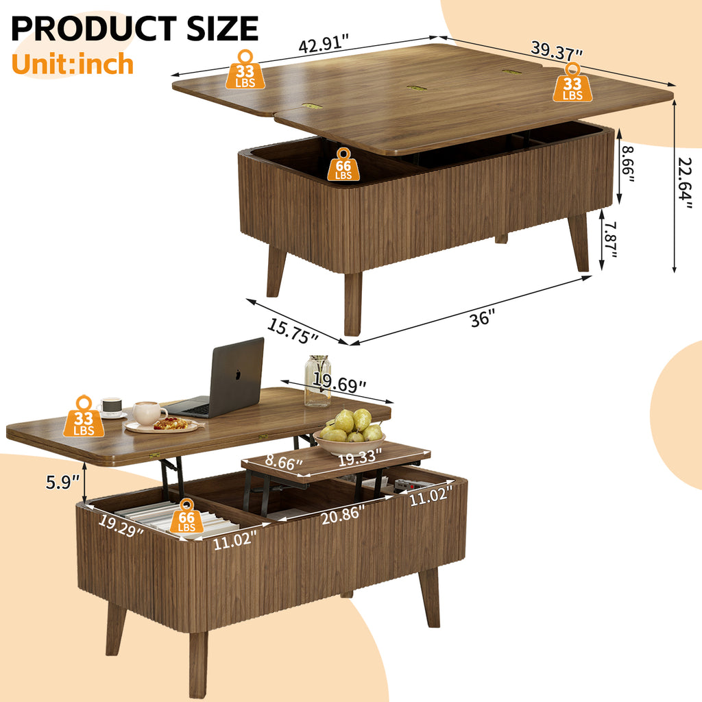 Lift Top Coffee Table – Modern Fluted Convertible Dining Table with Storage (Walnut)