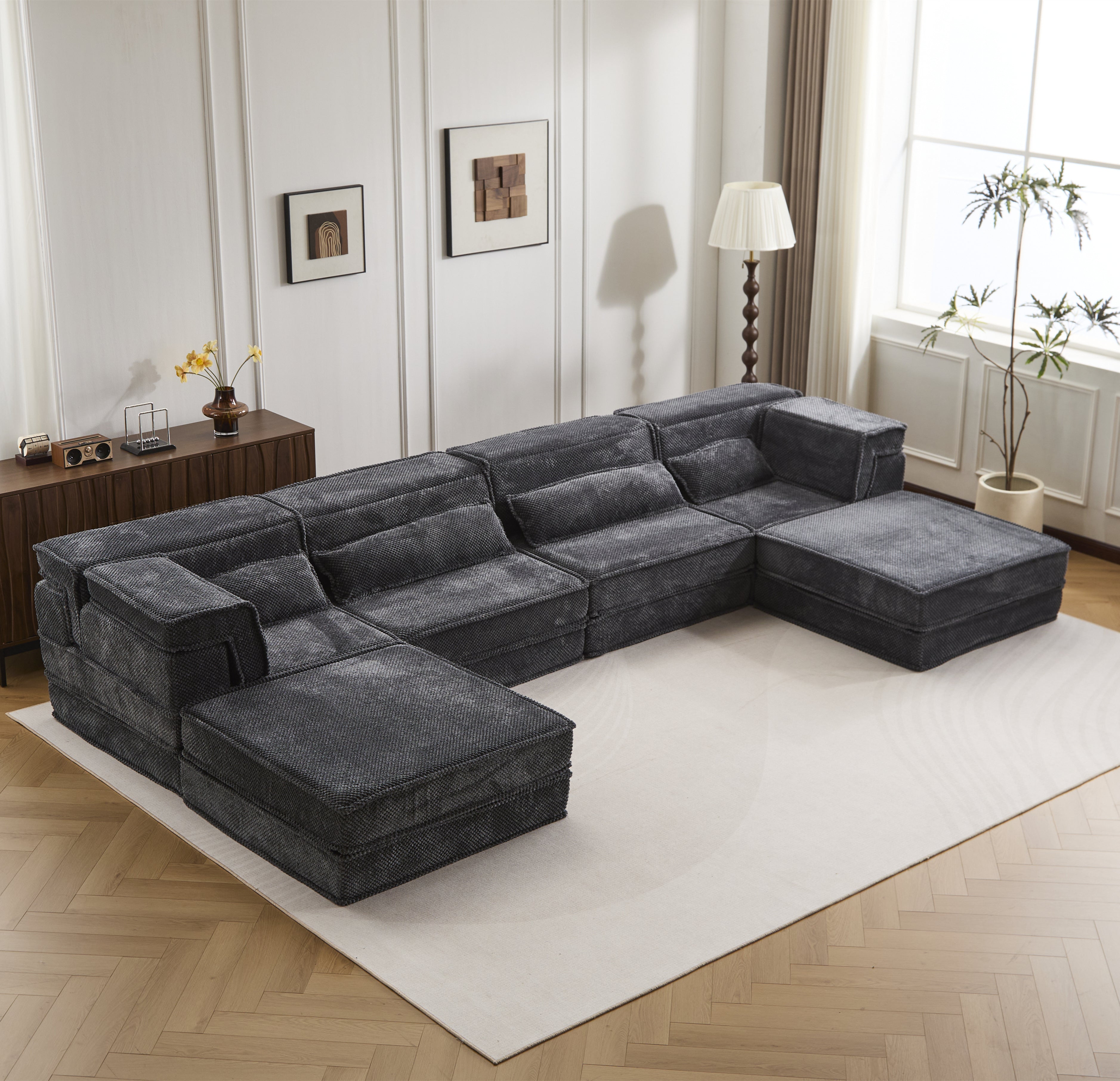 Compression Mahjong Modular Sofa Bed – 4-Seater Convertible Floor Sofa with Ottomans | Dark Grey
