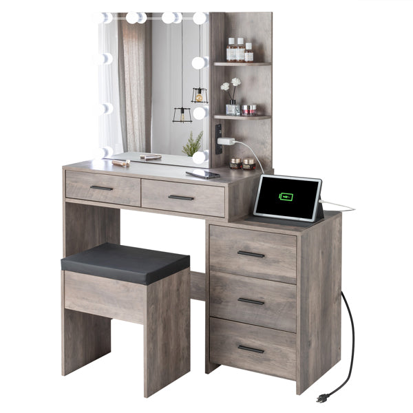 Modern LED Vanity Dressing Table with Mirror Cabinet, Stool & Charging Station – White