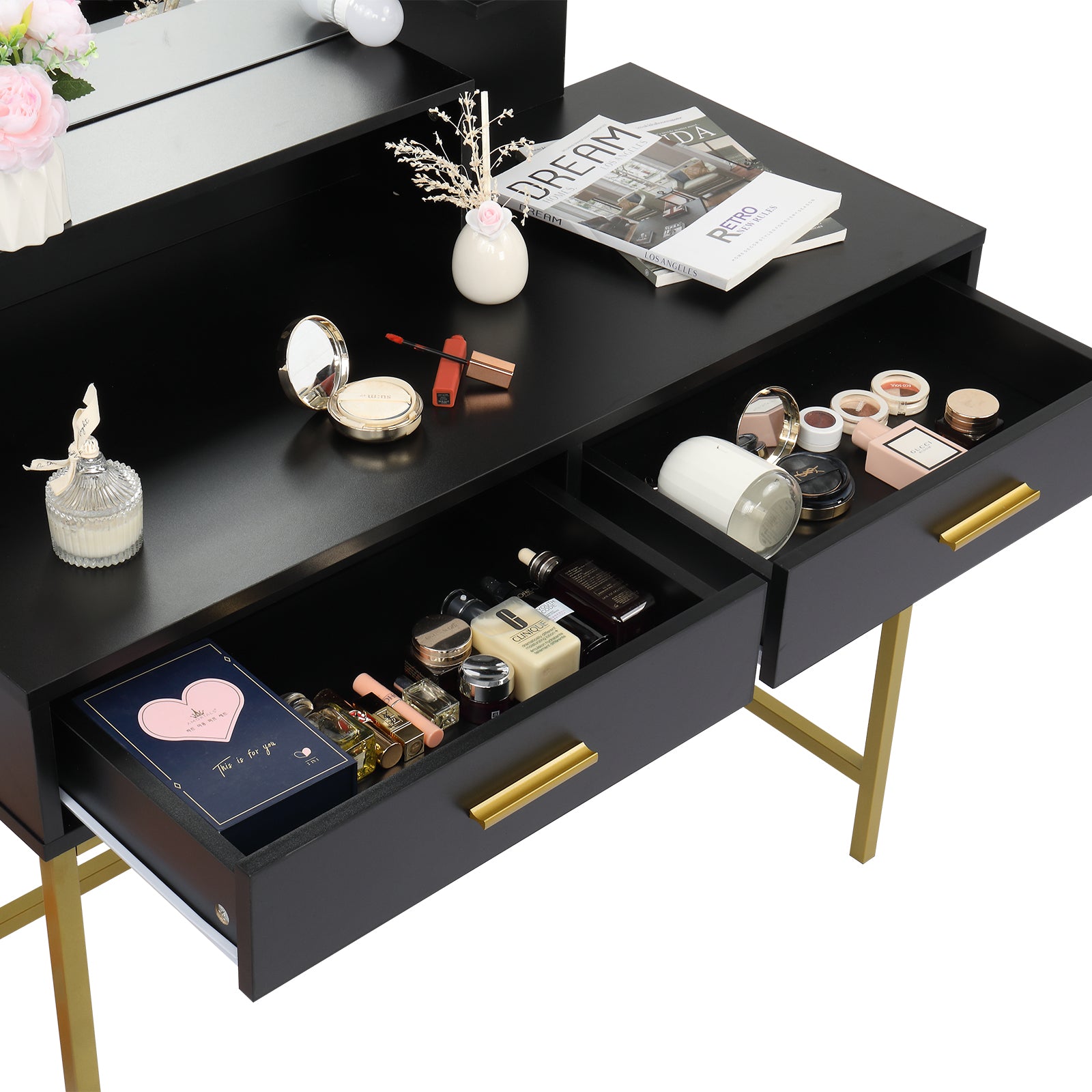 Modern Black Vanity Dressing Table Set with LED Lighted Mirror, Stool & Storage Drawers