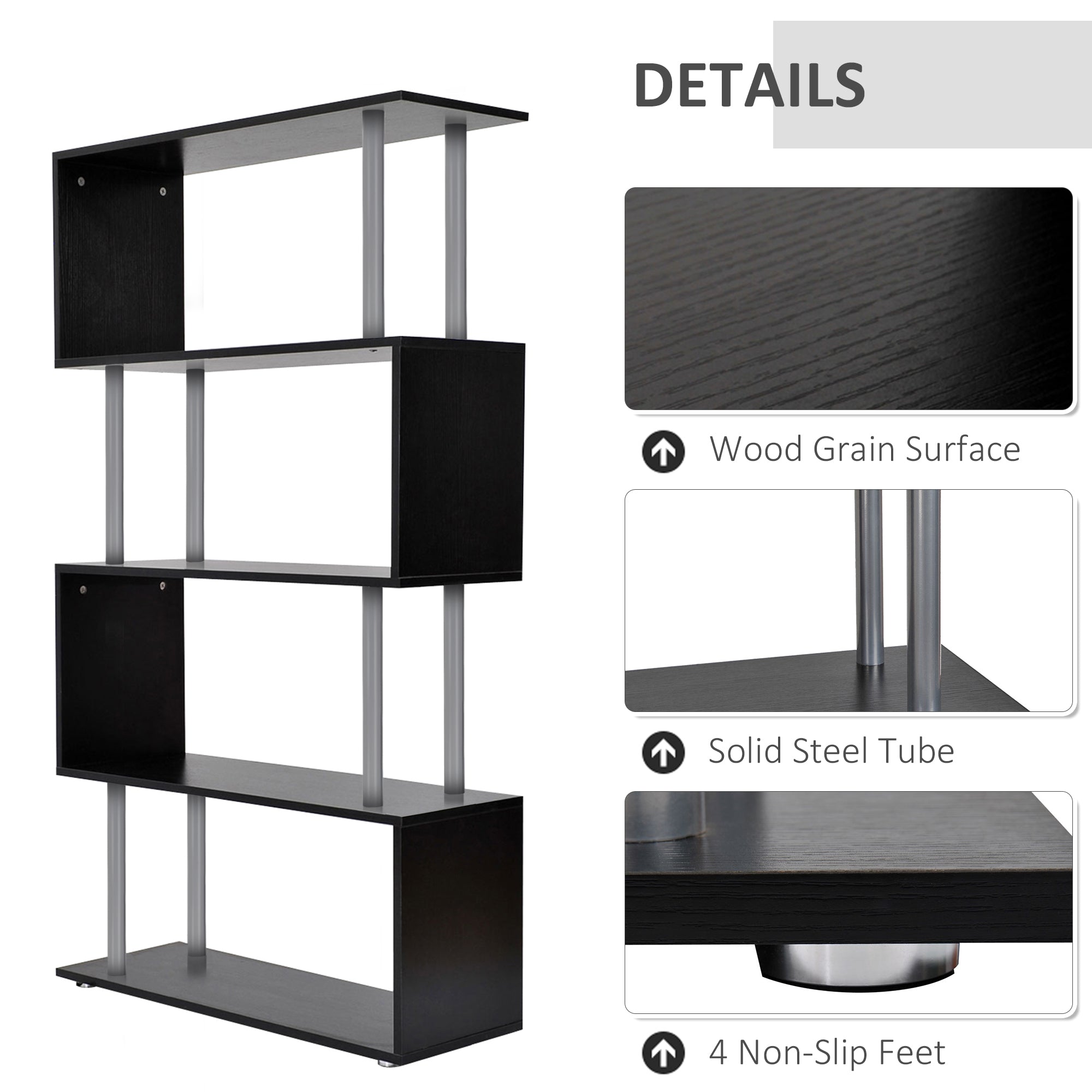 5-Tier S-Shaped Bookcase – Modern Wooden Storage Shelf for Home & Office (Black)