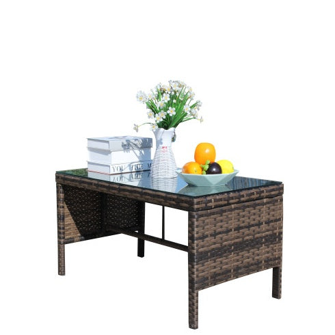 Outdoor Patio Coffee Table with Clear Tempered Glass – Rattan Wicker Table for Garden & Balcony (Brown)