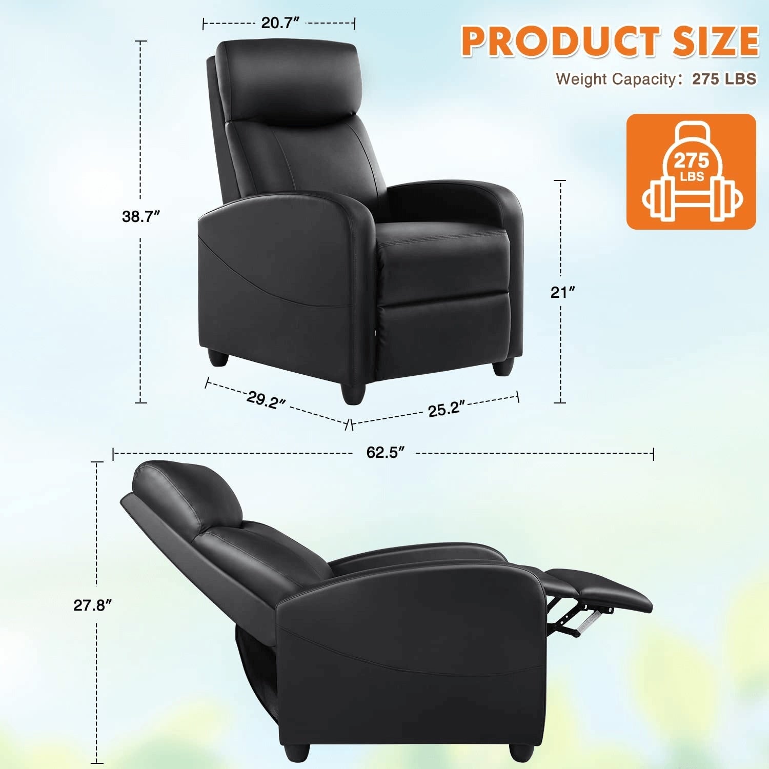Manual Lounge Chair – Adjustable Recliner with Massage & Heating