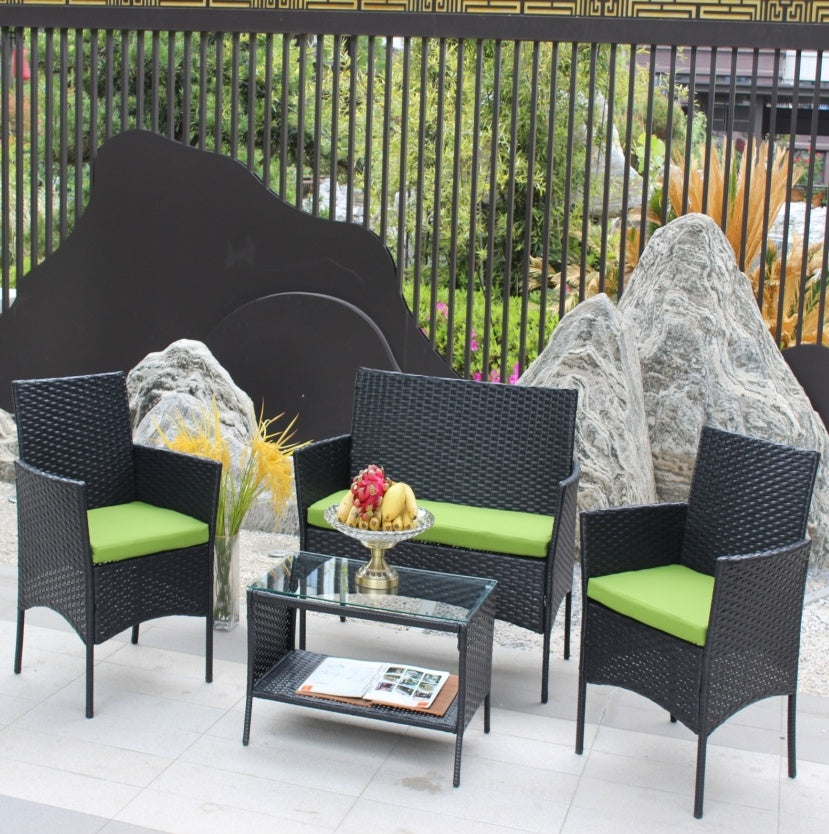 4-Piece Rattan Patio Furniture Set – Outdoor Wicker Sofa Set with Green Cushions