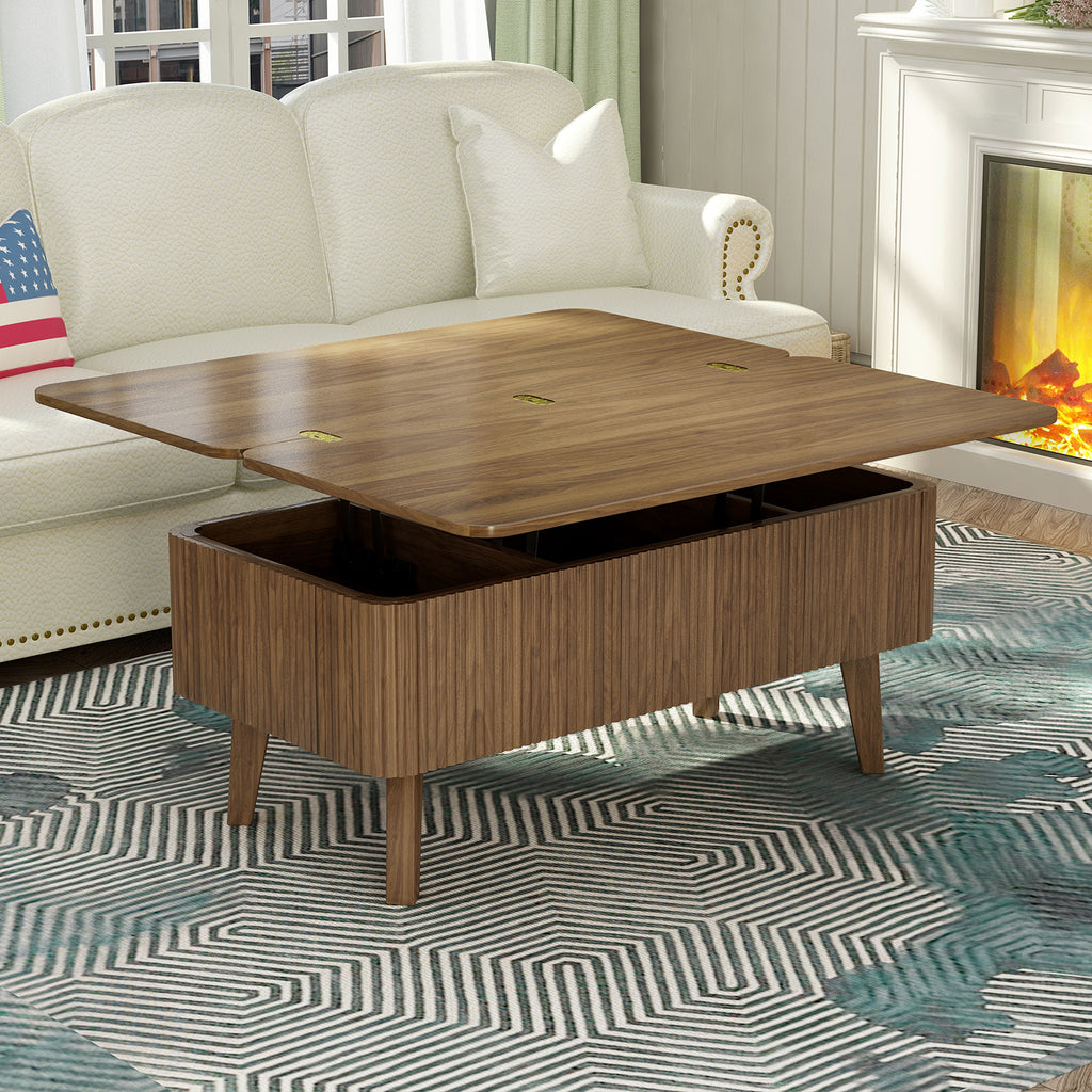 Lift Top Coffee Table – Modern Fluted Convertible Dining Table with Storage (Walnut)