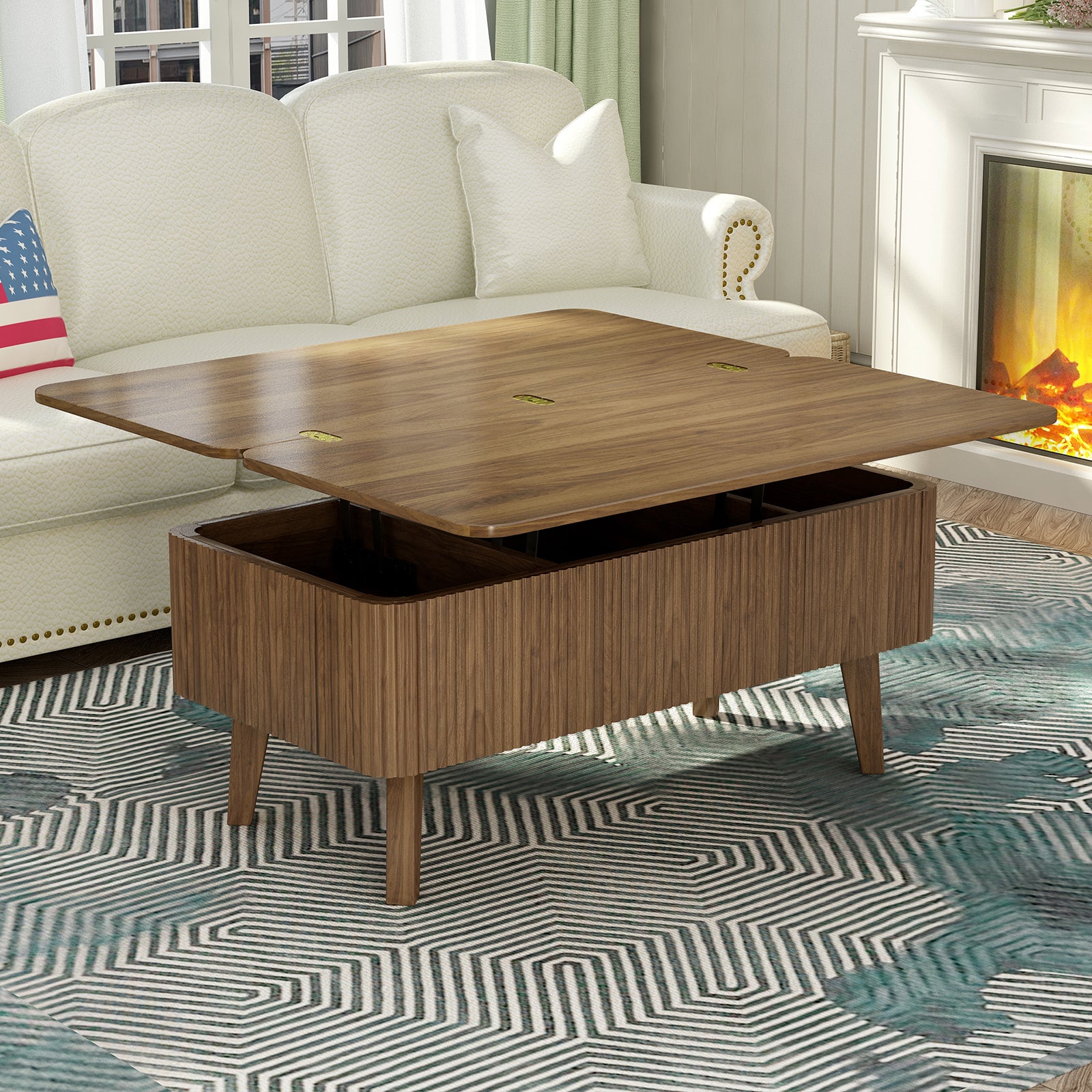 Lift Top Coffee Table – Modern Fluted Convertible Dining Table with Storage (Walnut)