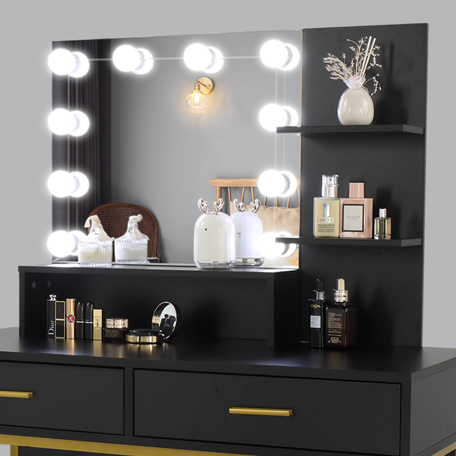 Modern Black Vanity Dressing Table Set with LED Lighted Mirror, Stool & Storage Drawers