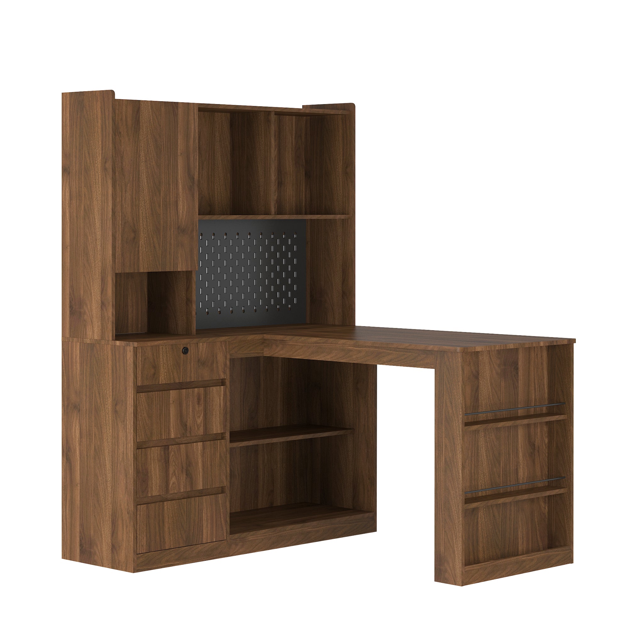 L-Shaped Computer Desk with Drawers, Bookshelf & LED Light – Modern Corner Home Office Desk with Charging Station